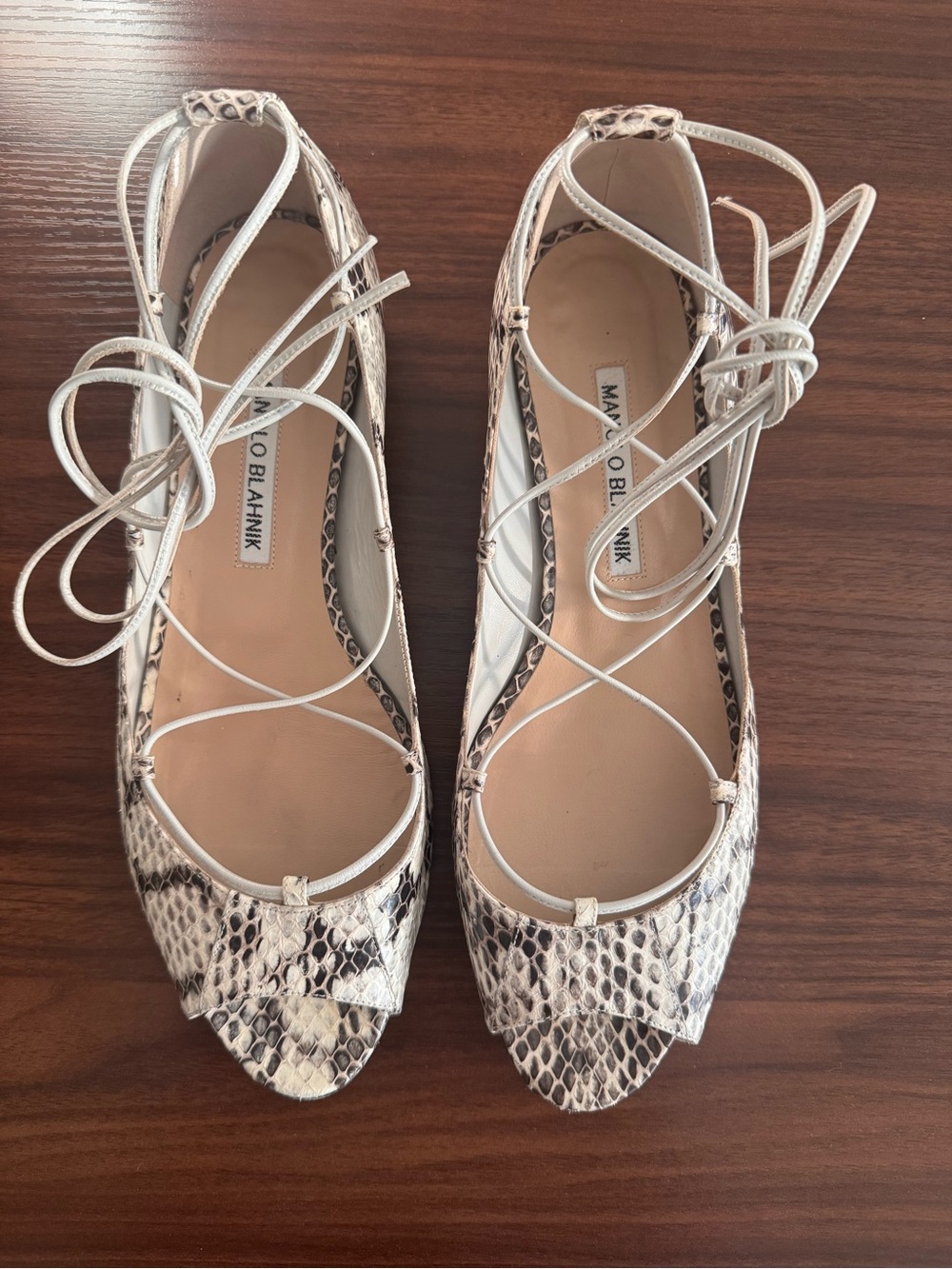 Manolo Blahnik Ivory Snakeskin Lace-Up Ballet Flats